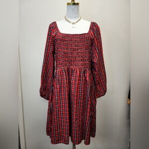 Red Plaid Midi Long Sleeve Dress, Size Xlarge